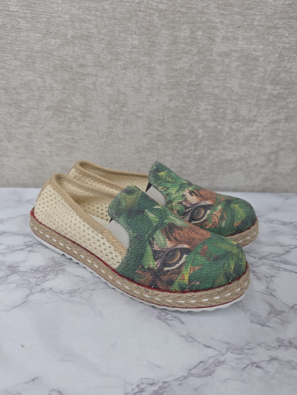 Goby Art Sneaker Jungle Cats DEL126 Green Canvas Slip-On Espadrilles Tigers
